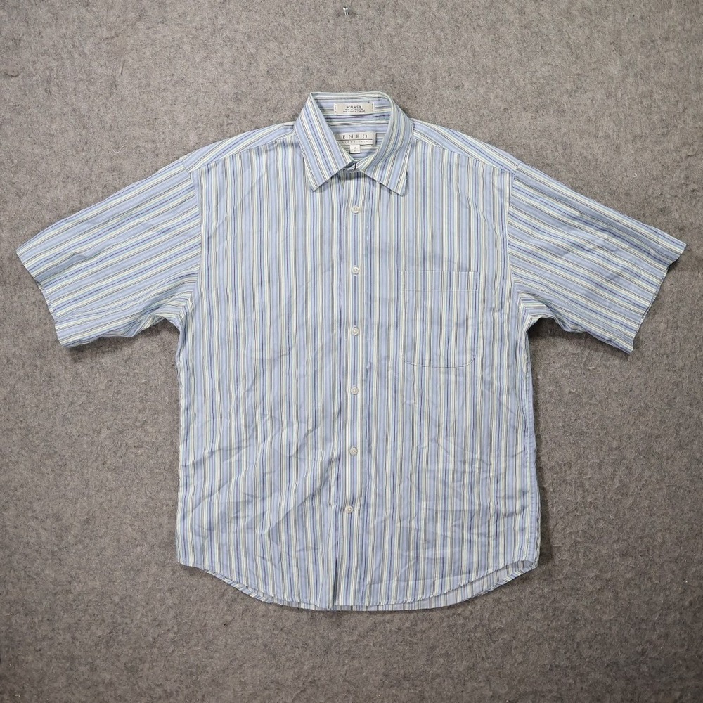 Enro Button Down Shirt Mens Medium Blue Excellent Short Sleeve Non-Iron Striped